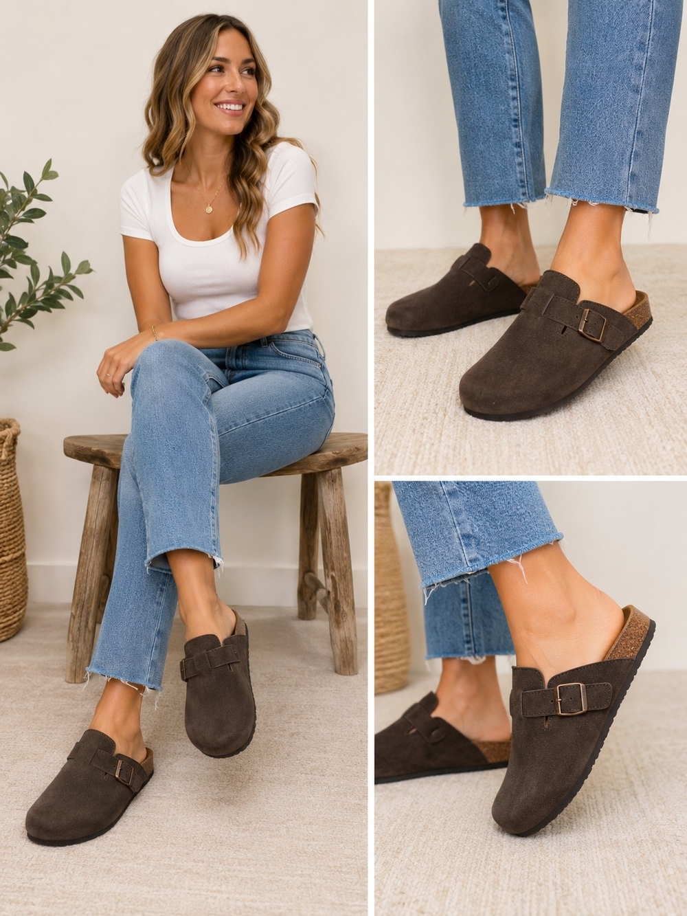 Outwoods Dark Brown Suede Slip-On Buckle Clog Mules